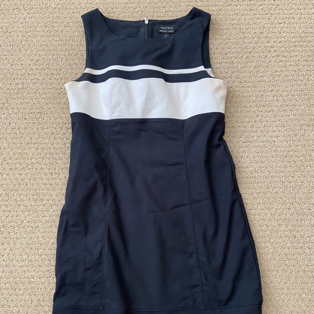 WHBM size 8 stylish black dress with white band; Perfect Form style to knee